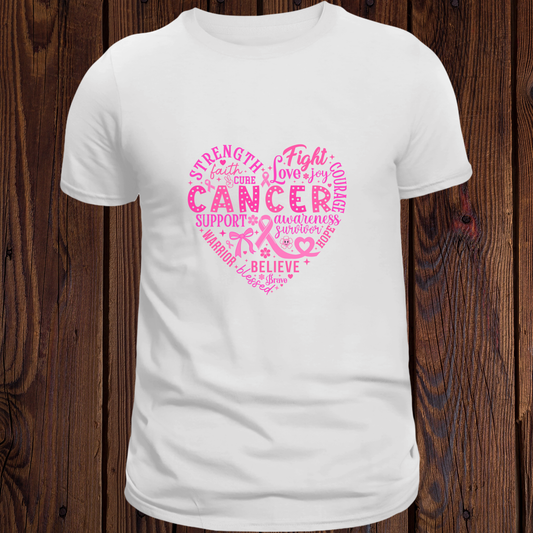 Light pink Breast Cancer Awareness T-shirt with pink heart, ribbon, and uplifting words