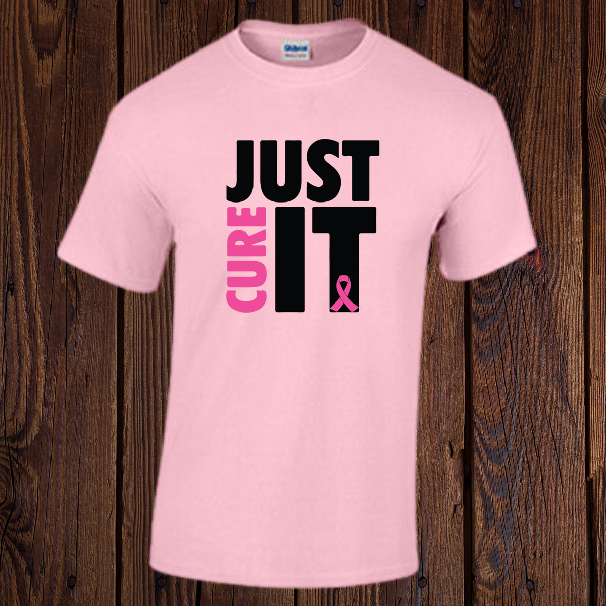 Hot pink Breast Cancer Awareness T-shirt with Just Cure It slogan and pink ribbon