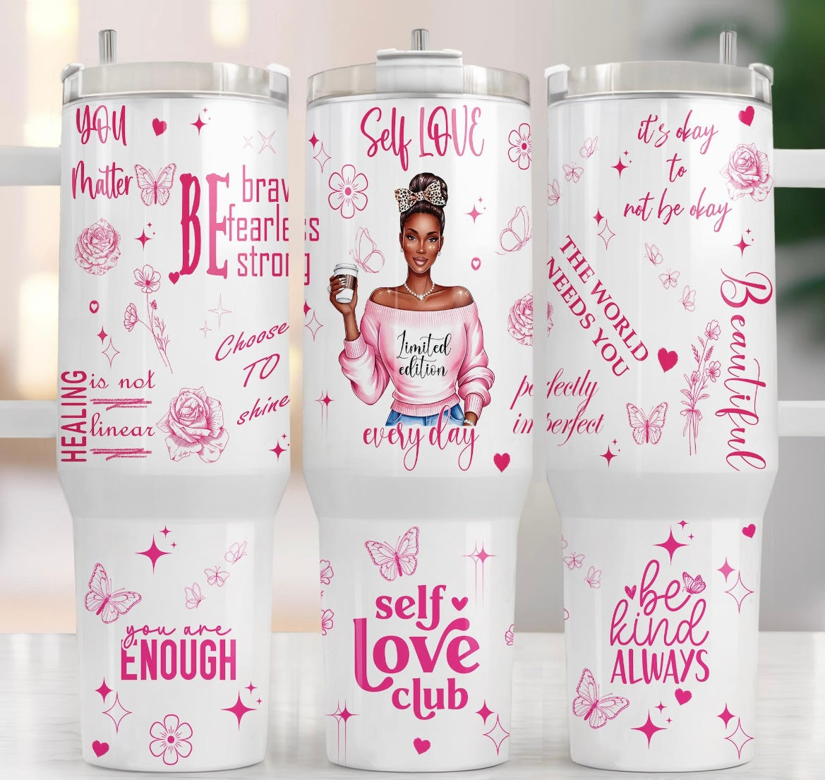 Self Love Club Motivational Tumbler – 40oz Insulated Tumbler with Handle