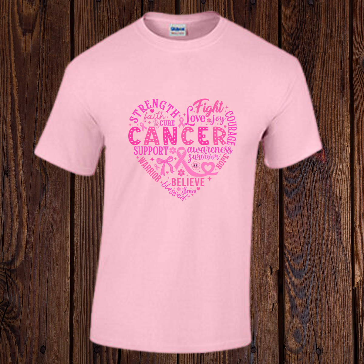 White Breast Cancer Awareness T-shirt with pink heart, ribbon, and uplifting words