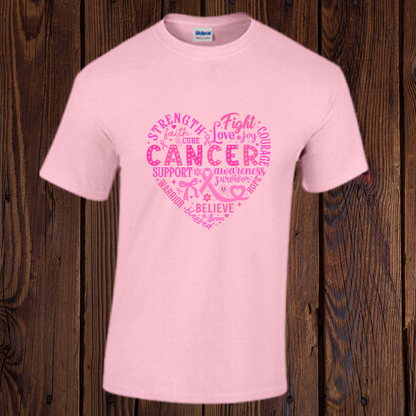 White Breast Cancer Awareness T-shirt with pink heart, ribbon, and uplifting words