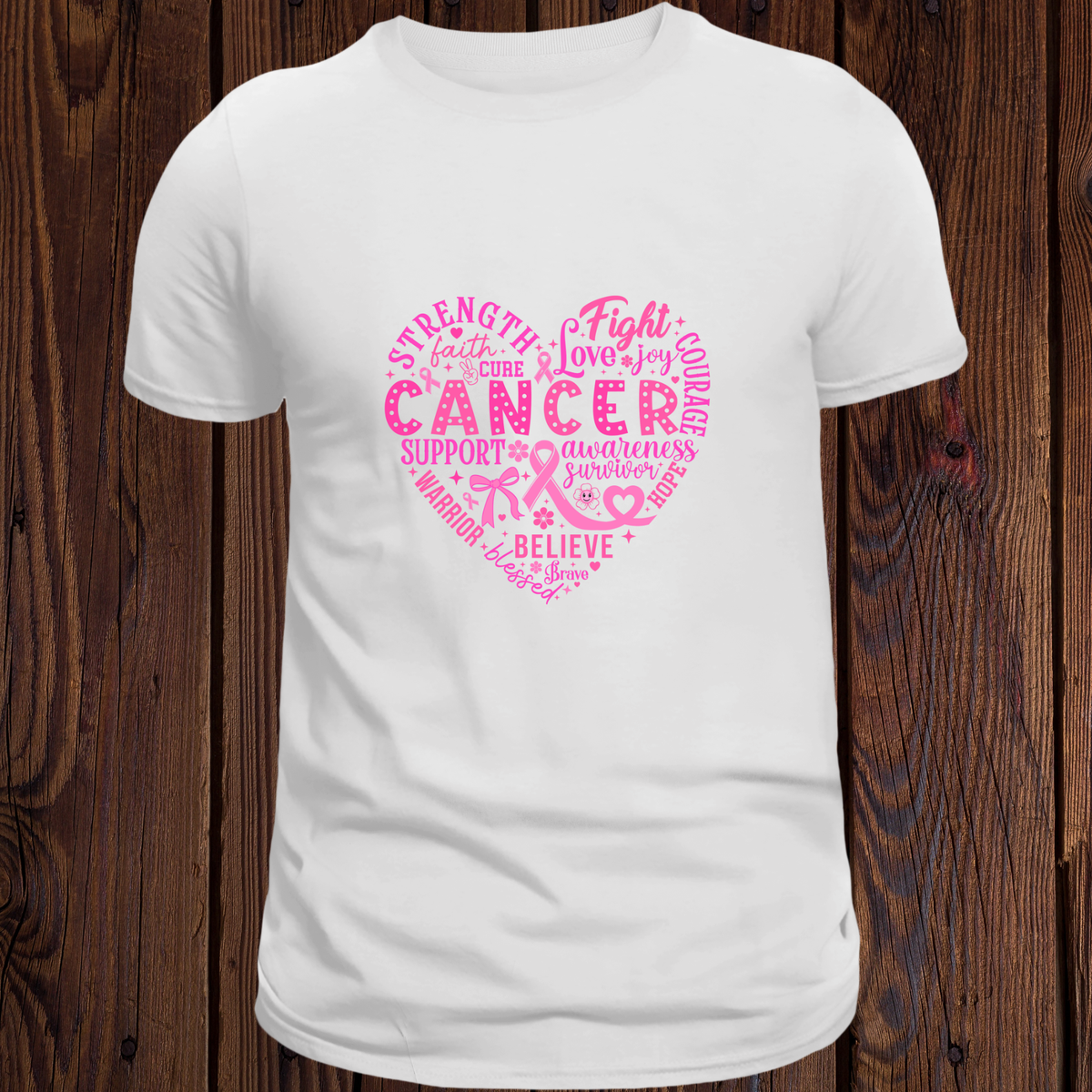 Light pink Breast Cancer Awareness T-shirt with pink heart, ribbon, and uplifting words