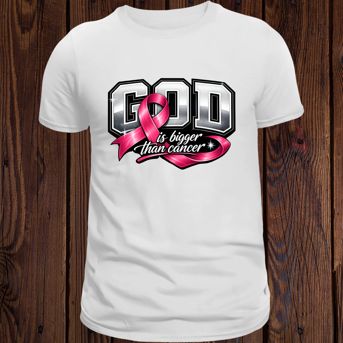 White Breast Cancer Awareness T-shirt with “God is bigger than cancer” message and pink ribbon