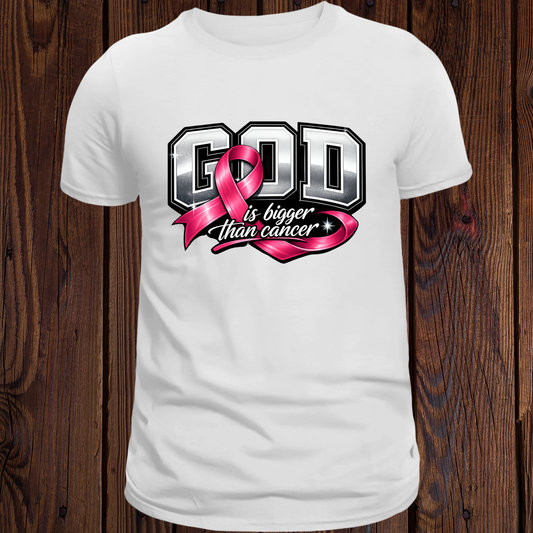 White Breast Cancer Awareness T-shirt with “God is bigger than cancer” message and pink ribbon