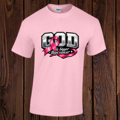 Pink Breast Cancer Awareness T-shirt with “God is bigger than cancer” message and pink ribbon
