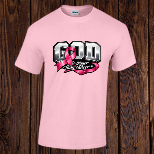 Pink Breast Cancer Awareness T-shirt with “God is bigger than cancer” message and pink ribbon
