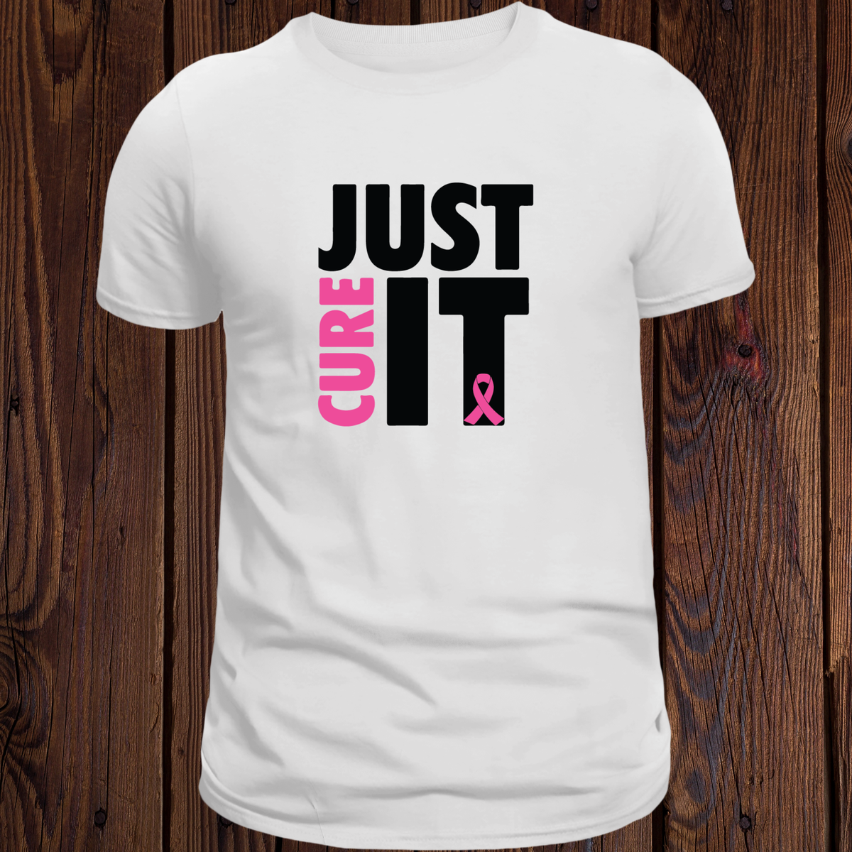 Light pink Breast Cancer Awareness T-shirt with Just Cure It slogan and pink ribbon