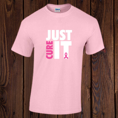Light pink Breast Cancer Awareness T-shirt with white Just Cure It lettering and pink ribbon