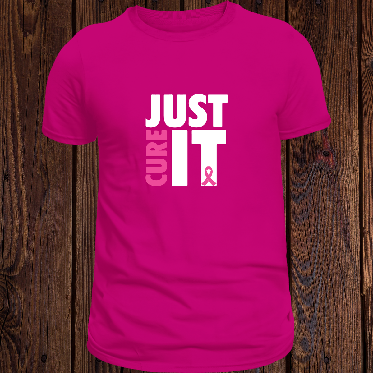 Hot pink Breast Cancer Awareness T-shirt with white Just Cure It lettering and pink ribbon