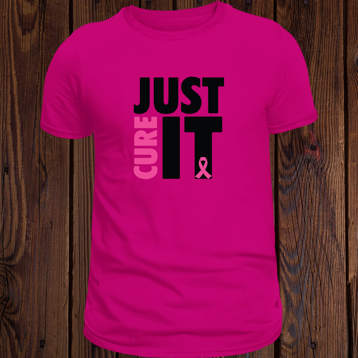 White Breast Cancer Awareness T-shirt with Just Cure It slogan and pink ribbon