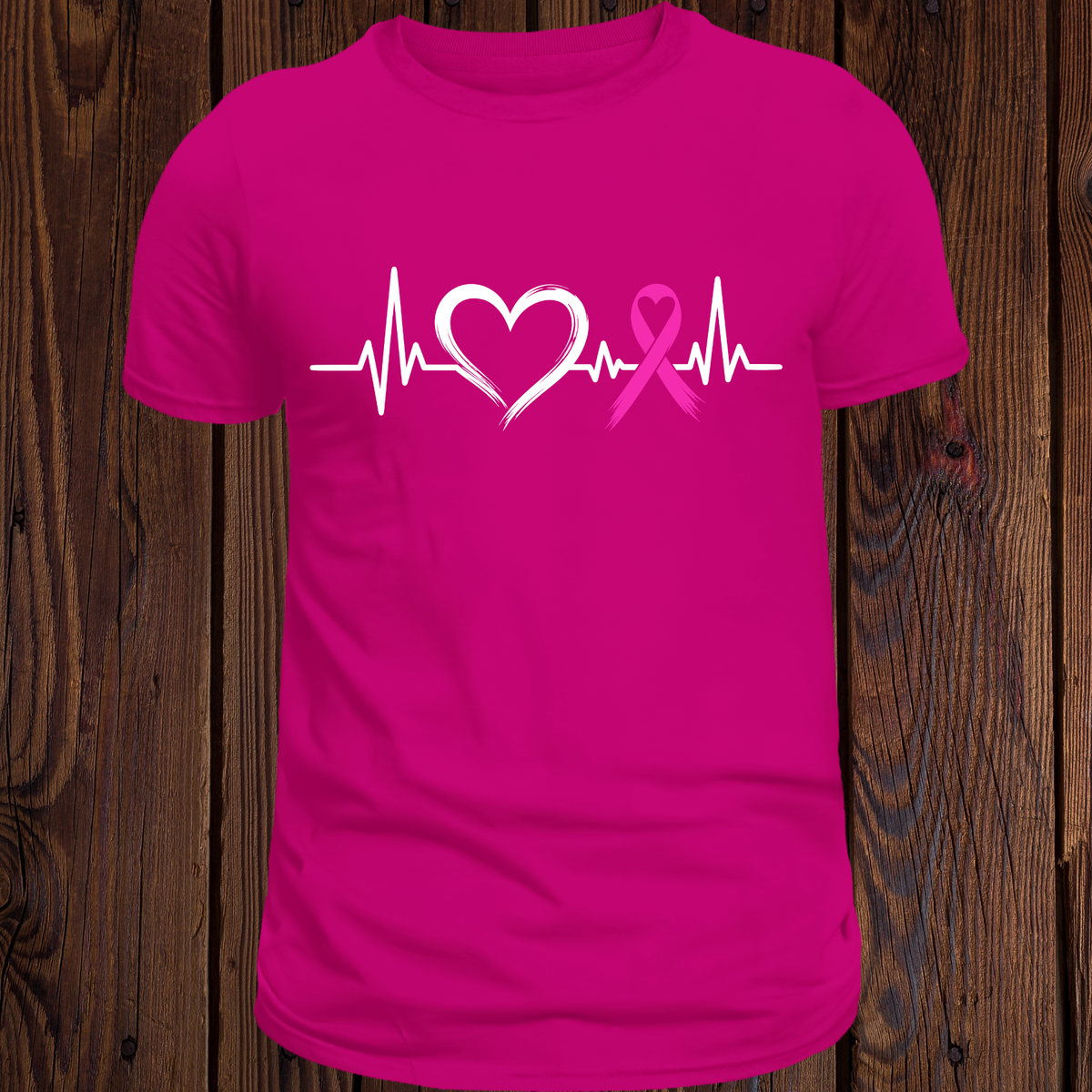 Light pink Breast Cancer Awareness T-shirt with heart, heartbeat line, and pink ribbon design