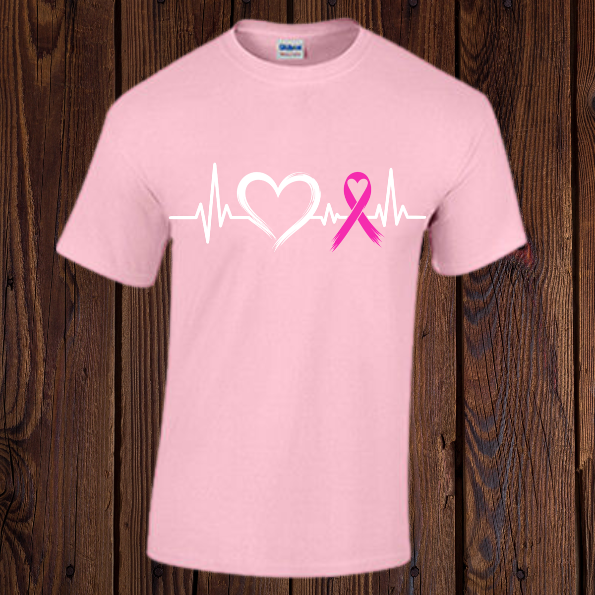 Hot pink Breast Cancer Awareness T-shirt with heart, heartbeat line, and pink ribbon design
