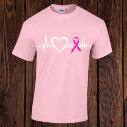 Hot pink Breast Cancer Awareness T-shirt with heart, heartbeat line, and pink ribbon design