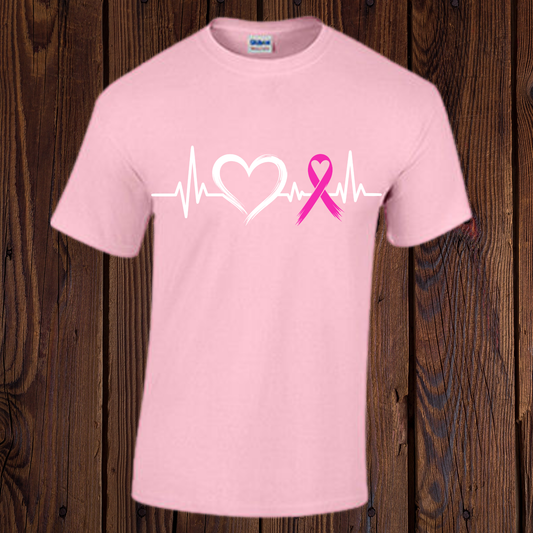 Hot pink Breast Cancer Awareness T-shirt with heart, heartbeat line, and pink ribbon design