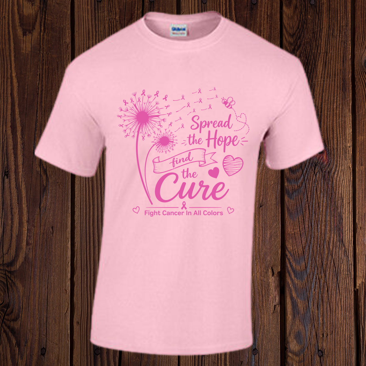Light pink Breast Cancer Awareness T-shirt with pink Spread the Hope, Find the Cure design