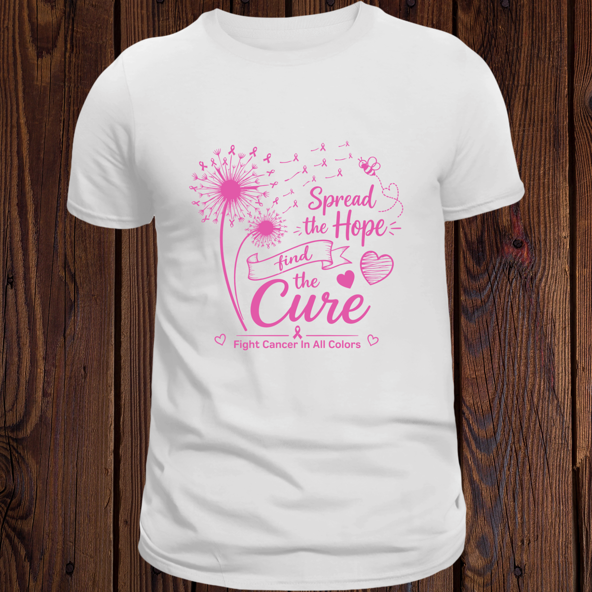 White Breast Cancer Awareness T-shirt with pink Spread the Hope, Find the Cure design