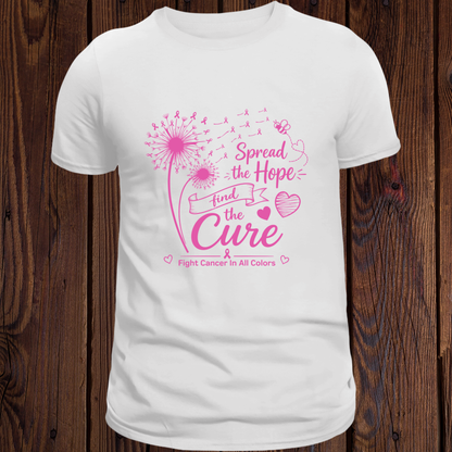 White Breast Cancer Awareness T-shirt with pink Spread the Hope, Find the Cure design